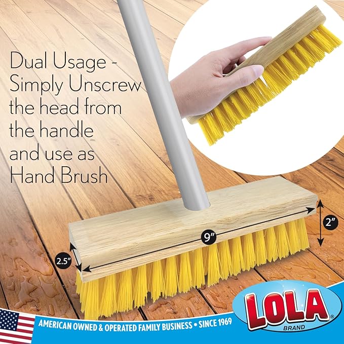 Lola Products Deck Scrub Brush Broom, 9" x 3.5" Wide, Durable Bristles Remove Dirt, Grime, Grout, Leaves, Snow on Patios, Decks, Wet or Dry, 9 Count