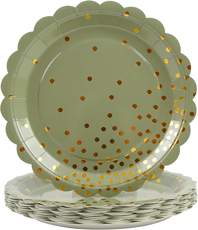 50PCS Sage Green Paper Plates, 7 Inch Scalloped Green and Gold Party Plates Disposable Foil Polka Dots Dessert Plate Cake Plate for Birthday, Baby Shower, Wedding, Bridal Shower St Patricks