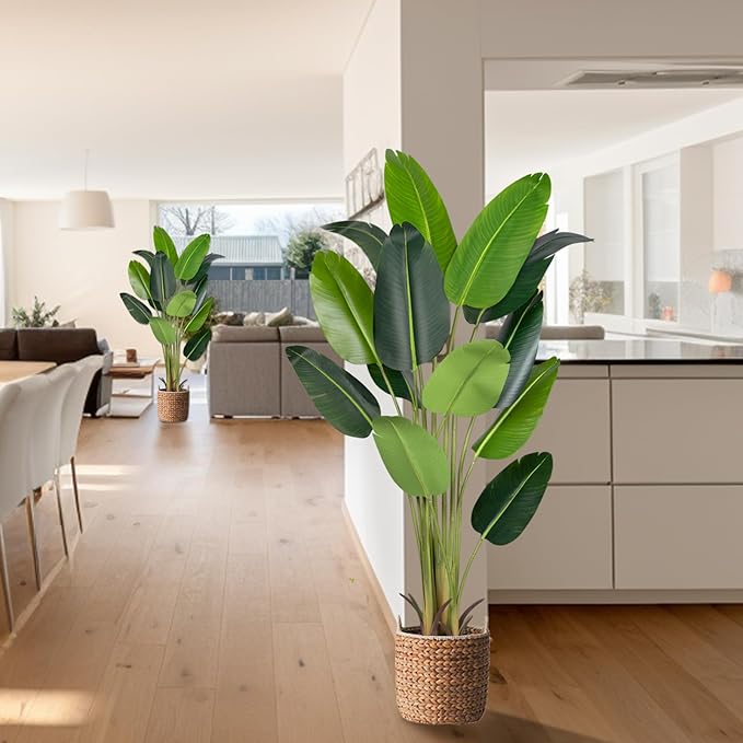 Artificial Bird of Paradise Plant 6Ft Fake Tropical Palm Tree with 13Trunks Faux Banana Leaf Trees in Pot for Home Indoor Outdoor Office Modern Decor Housewarming Gift（2Pcs）