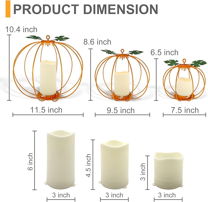 Halloween Light Up Pumpkin Lantern, 3 Pcs Metal Orange Pumpkin Candle Holders with Timer Flickering Yellow LED Candle Lights for Thanksgiving Halloween Harvest Fall Home Decor