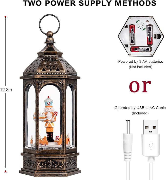 Animated Gingerbread Nutcracker with Moving Figurines Lighted Water Lantern, USB Lined/Battery Operated Snow Globe for Christmas Festival Decoration Gifts