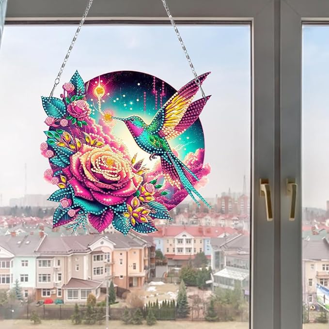 Flowers Hummingbird Diamond Art Kits,5D Diamond Hanging Ornament Kits,DIY Special Shaped Diamond Dot Kits,Home Porch Crystal Hanging Pendant Ornament (Colorful1)