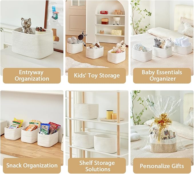 Small Cotton Rope Storage Basket Set of 3-11"x7"x7" Perfect Woven Baskets for Storage, Ideal Storage Baskets for Organizing Toys, Towels, and More - Baskets for Shelves and Home Decor（White）