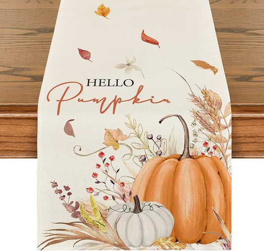 Artoid Mode Hello Pumpkin Leaves Fall Table Runner, Seasonal Autumn Kitchen Dining Table Decoration for Home Party Decor 13x120 Inch