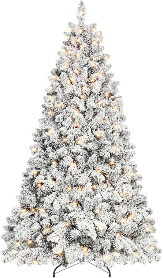 7.5 ft Prelit Flocked Christmas Tree, Lighted Full Christmas Tree with Pine Cones & 550 UL Lights, Snow Frosted Artificial Christmas Tree with Lights, Auto Hinged Xmas Tree for Holiday Décor