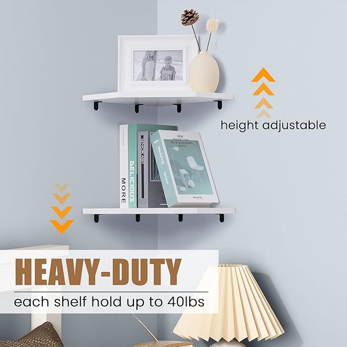 Corner Shelf Wall Mount, Floating Corner Shelves, Set of 2 Corner Wall Shelf Organizer, Rustic Wood Wall Storage Display Shelves for Living Room Bedroom Bathroom Kitchen, Rustic White