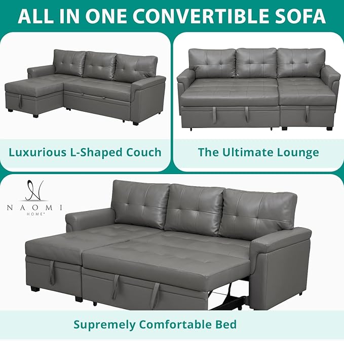 Naomi Home L-Shaped Reversible Sectional Sofa with Pull-Out Sleeper Bed and Storage Chaise, Gray Air Leather