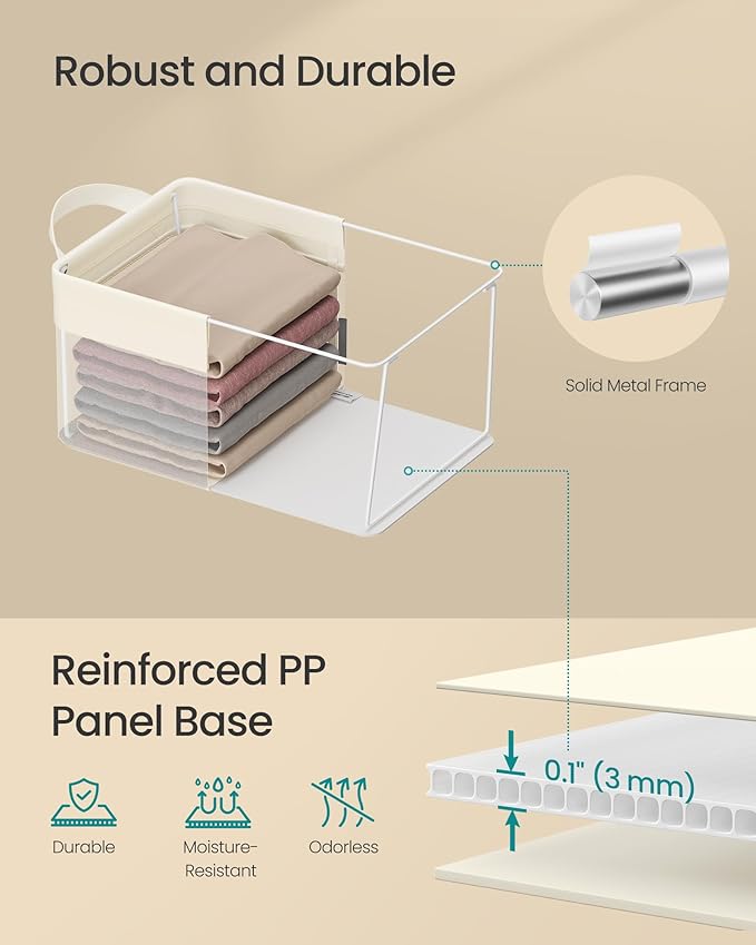 SONGMICS Storage Bins Set of 3, Small Fabric Storage Baskets, Foldable Organizer with Transparent Nylon Mesh, 11.8 x 7.9 x 5.9 Inches, Handles, for Bathroom, Kitchen, Cream White URFB915W01