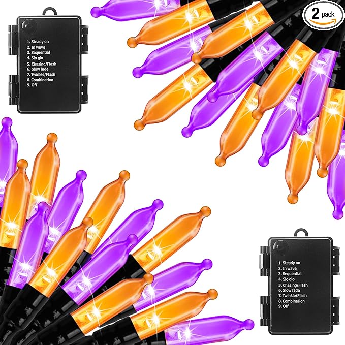 Halloween Orange Purple Outdoor Lights，17.8 Feet 50 LED Christmas Lights with 8 Modes，Waterproof Mini String Lights Battery Operated for Outdoor Indoor Use, Xmas Halloween Tree Holiday Party Patio