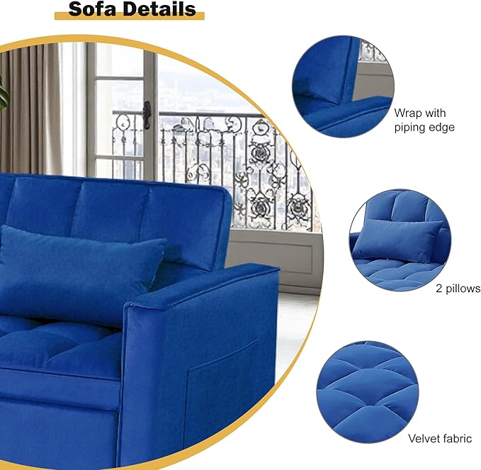 3 in 1 Sleeper Sofa Beds, Futon Sofa Bed for Living Room with Side Pocket, Sleepers Couch with Pullout Bed, Convertible Love Seat Sleepers Couch for Living Room, Bedroom, Small Space, Blue