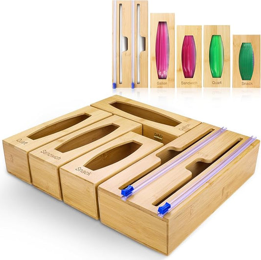 Individual Storage Bag Organizer for Kitchen Drawer, Bamboo with Foil and Plastic Wrap Organizer for Kitchen Organizers and Storage, for Gallon, Quart, Sandwich, Snack