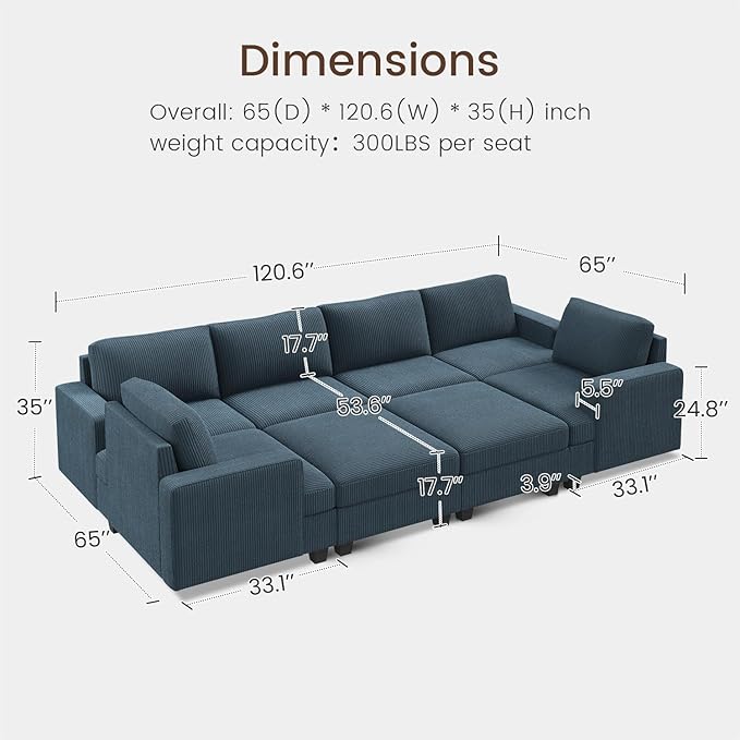 Nolany Sectional Couch with Storage Ottoman, Corduroy Sleeper Sectional Sofa with Chaise, Modular Sectional Couches for Living Room, Blue
