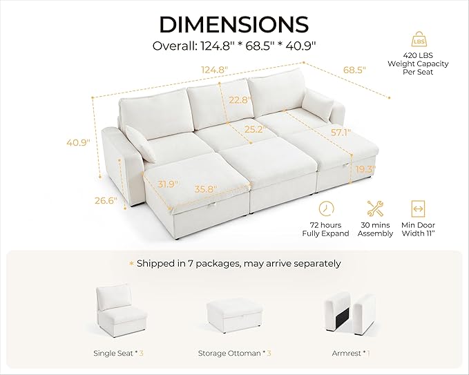 Oversized Modular Sofa Comfy Cloud Couch with Storage, Extra Deep Plush Sectional Sofa Set for Living Room, Covers Washable, Chenille, Olar (White, 6-Seater with 3 Ottomans, Sleeper)