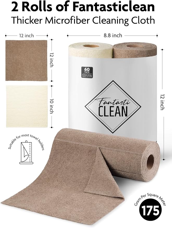 Fantasticlean Microfiber Cleaning Cloth Roll -60 Pack, Tear Away Microfiber Towels, 12" x 12", Reusable, Washable, Scratch Free, Ultra Absorbent Dish Rags for Car, Home, Garage or Shop (Beige & Tan)