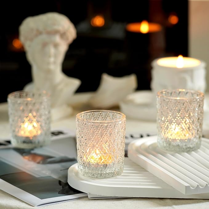 Homemory 12 Pack Clear Glass Votive Candle Holders, Tealight Candle Holder, Vintage Candle Holders Bulk for Table Centerpieces, Christmas, Baby Showers, Birthday, Wedding, Party