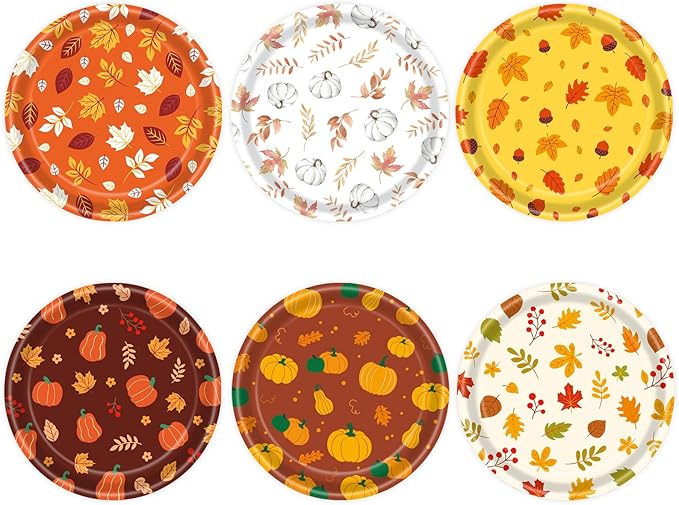 48 PCS Fall Paper Plates 7 inch, Leaves Pumpkin Thanksgiving Party Plates Disposable Cake Dessert Plate for Autumn Theme Party Decorations (Fall)