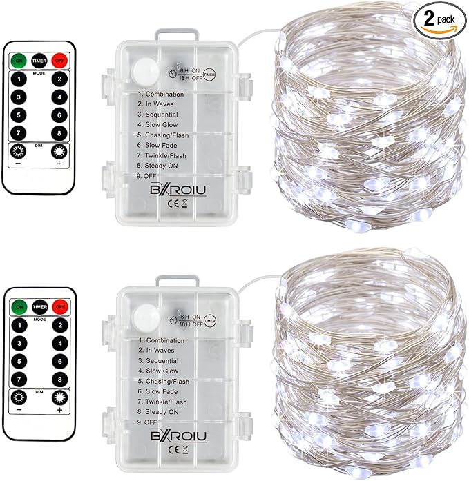 2 x Fairy Lights Battery Operated,Silver Wire Chains 8 Mode 16Ft/5Meter 50 LEDs Timer String Lights with Remote Control for Bedroom Christmas Party Wedding Decoration (Cool White)