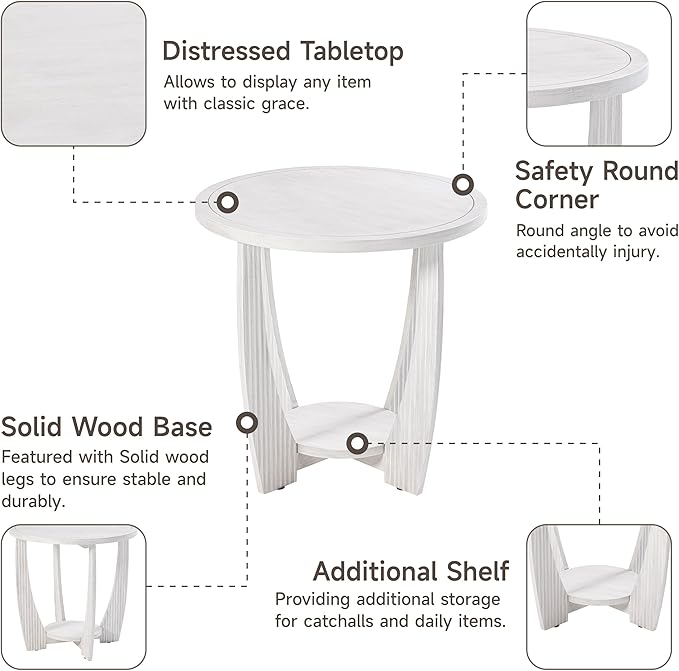 Rustic Farmhouse end Table X 2P with Storage Shelf, French Country Accent Side Table for Family, Dinning or Living Room, Small Spaces, Modern, Round, White