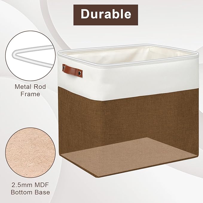 Large Fabric Storage Baskets | 50L Storage Bins, Decorative Linen Closet Baskets with Handles for Organizing, Shelf, Toys, Clothes, Home, Office, Nursery, 17x12x15Inches (Brown&White)