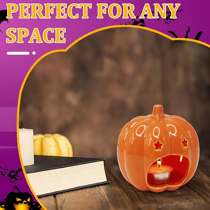Halloween Pumpkin Candle Holder, Ceramic Candle Stick Holder with Star Hole, Orange Candle Holders for Candlesticks, Halloween Decor Gift for Daughter, Mother, Girlfriend & Kids