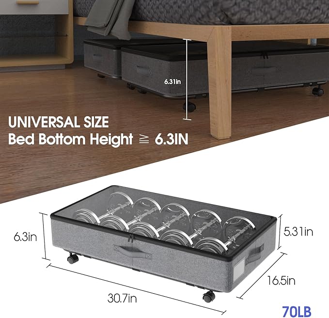 IUI Under Bed Storage with Wheels, 50L Capacity Under Bed Storage Containers, Under Bed Clothes Storage Containers with Clear Lid, Under Bed Storage Bins for Clothes,Shoes,Books,Toys,Gray,2 Pack