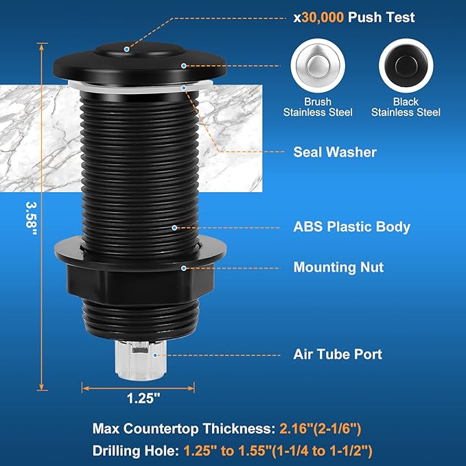 Air Switch Kit for Garbage Disposal, UL Listed Sink Top Air Switch for Food Waste Disposal, 3.58” Extra Long Air Button (Black Stainless Steel)