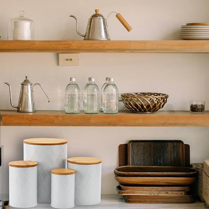 White Kitchen Canisters Set with Bamboo Lids, Airtight Sugar, Flour, Coffee, Cookie Storage Canister Sets for kitchen Countertop, Farmhouse kitchen decor, 4 Pack