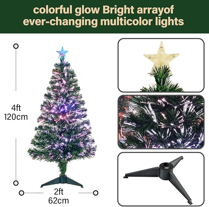 4FT Fiber Optic Green Christmas Tree Artificial Tree with Stand,Pre-lit Full Xmas Tree with Top Star Perfect for Indoor Holiday Decoration