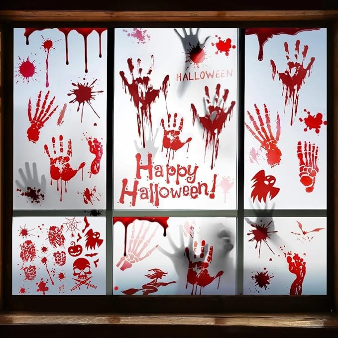 Halloween Decorations, 8 Sheet/95Pcs Halloween Bloody Handprint Footprint Wall Decal Floor Clings, Horror Handprint Home PVC Halloween Decoration Window Stickers