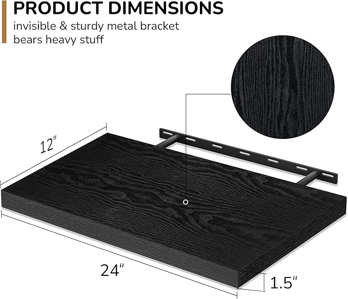 Fun Memories Floating Shelves - 2 Pack 12 Inch Rustic Wooden Wall Shelves - Extra Deeper & Thicker Wall Mounted Storage Shelf for Living Room, Kitchen, Farmhouse - 24" W x 12" D x 1.5"H - Rustic Black