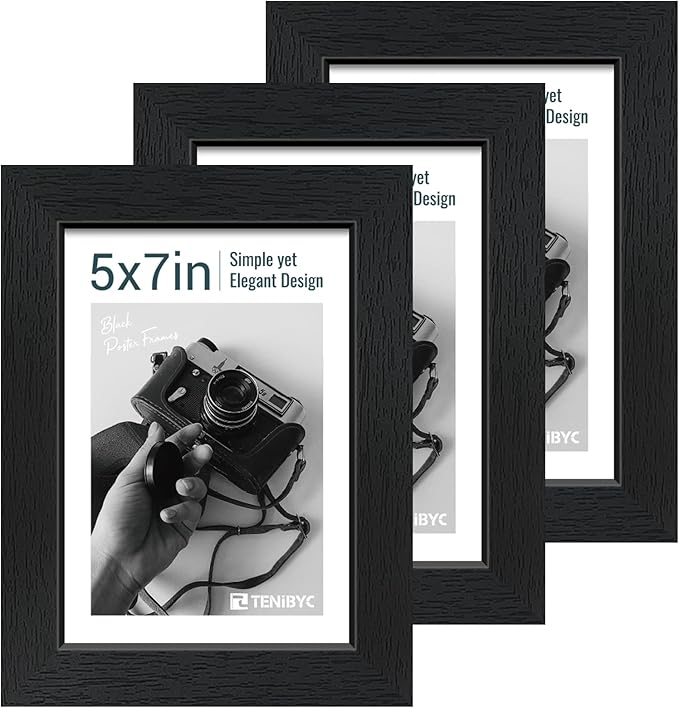 5x7 Picture Frame 3 Pack - Black Woodgrain, Solid Wood & HD Tempered Glass, Table Display or Wall Hanging