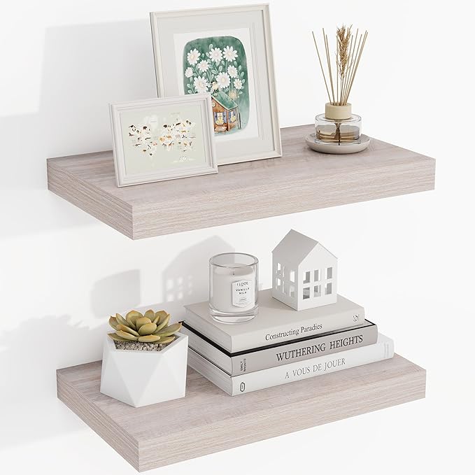 16 Inch Floating Shelves, 3D Textured Wood Grain, 16"x9.25"x1.5" Inch Deep Floating Shelves for Wall, Wooden Shelves for Bathroom, Bedroom, Living Room, Washed White