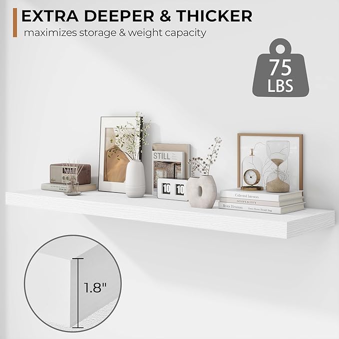 Fun Memories Floating Shelves - 12 Inch Rustic Wooden Wall Shelves - Extra Deeper & Thicker Wall Mounted Storage Shelf for Living Room, Kitchen, Farmhouse - 48" W x 12" D x 1.8" H - White