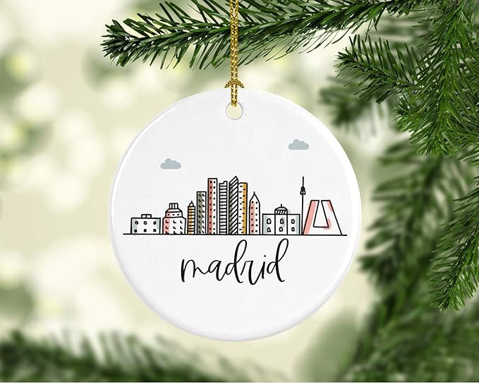 Andaz Press Round Ceramic Porcelain Christmas Tree Ornament Keepsake Gift, Madrid, Colorful International City Skyline Graphic, 1-Pack, Birthday Ideas Family Coworker Him Her, Gift Box