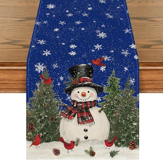 Artoid Mode Snowman Birds Trees Christmas Table Runner, Seasonal Blue Winter Holiday Kitchen Dining Table Decoration for Indoor Outdoor Home Party Decor 13 x 72 Inch