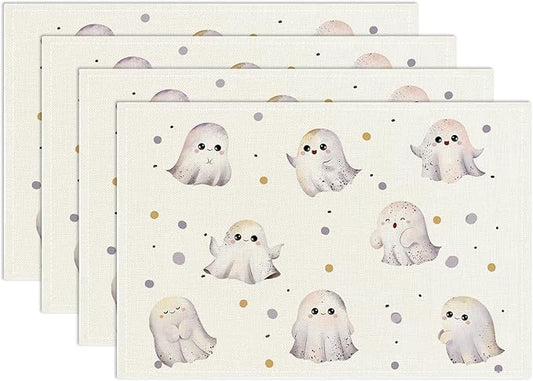 Halloween Placemats Set of 4, Cute Ghost Table Mat for Home Kitchen, Restaurants, Outdoor Linen Washable Place Mats 12x18 inch Party Event Dining Decoration-14
