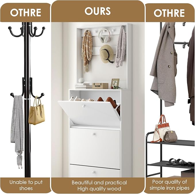 Shoe Storage Cabinet with 3 Flip Drawers, Narrow Shoe Cabinet with 9 Hooks Coat Rack, Freestanding Slim Shoe Storage Organizer for Entryway, Hallway, Entrance, Bedroom, Living Room, White
