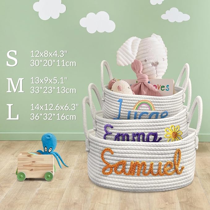 Personalized Baby Basket with Name Custom Cotton Rope Storage Bin for Diaper Caddy, Organizer, Keepsake - Shower Gift