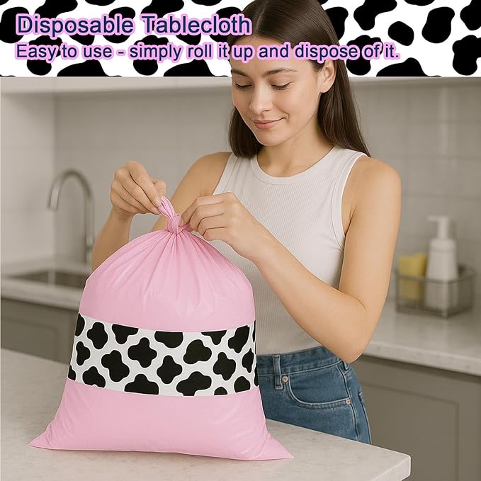 6 Pack 108 x 54 Inch Cow Print Tablecloth Cow Plastic Table Cover Birthday Party Table Cloth Disposable Plastic Farm Animal Party Cover for Disco Cowgirl Decorations Supplies Pink