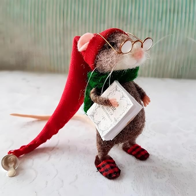 Felted Mouse, Cute Miniature Dollhouse Felt Mouse Ornament, Felt Wool Mice Figurine for Holiday Decor, Needle Felted Mouse Doll Decorations Festival Statue (Professor)
