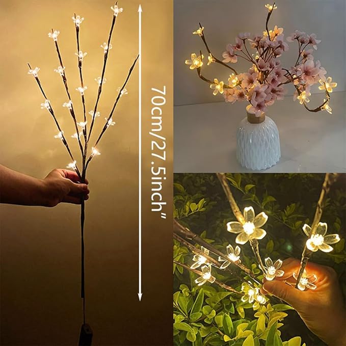 3 Pack Battery Lighted Branch Flowers Lights with 12 Colored 3D Butterfly Indoor Bedroom Decorations, Warm White 60 LED Artificial Cherry Blossom Twig Vase Filler Willow Tree Home Decor
