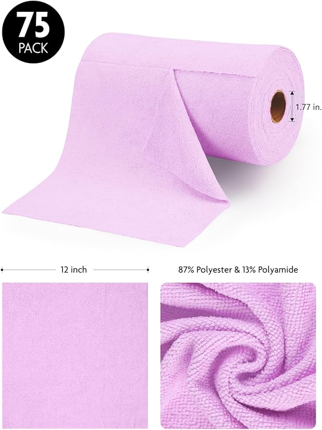 Fantasticlean Microfiber Cleaning Cloth Roll -75 Pack, Tear Away Microfiber Towels, 12" x 12", Reusable, Washable, Scratch Free, Ultra Absorbent Dish Rags for Car, Home, Garage or Shop (Purple)