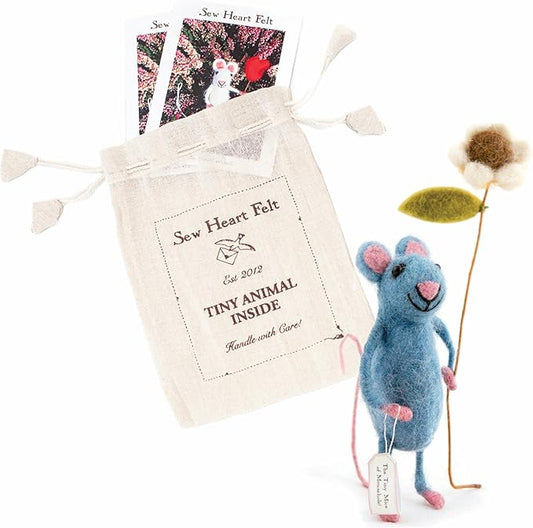| Hand-Felted Pretty Blue Mouse with Flower | Organic Wool Home Decor | Fair Trade Plush Animal Ornament | Gift for Any Occasion | Perfect for New Spaces & Home Accessories