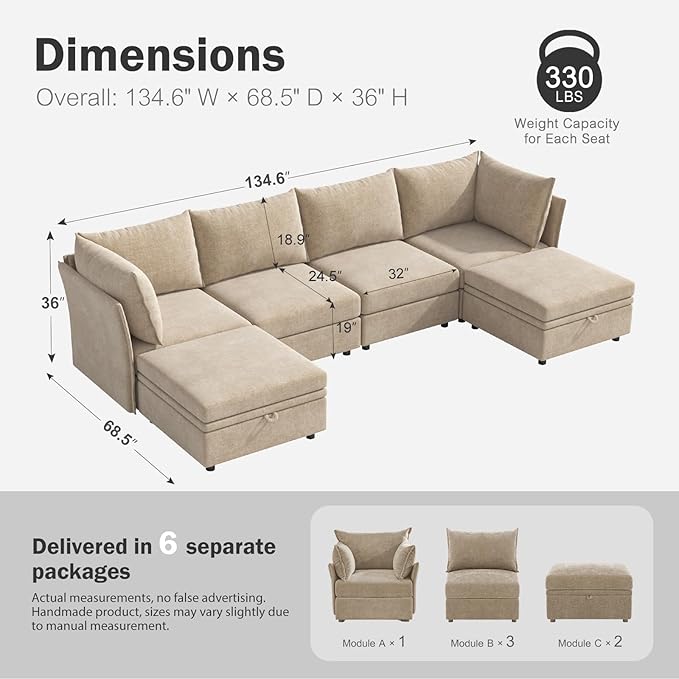 134.6" Oversized Modular Sectional Sofa, 6 Seater U Shaped Couch with Storage Ottoman with Reversible Chaise Deep Seat for Living Room, Apartment - Chenille Beige