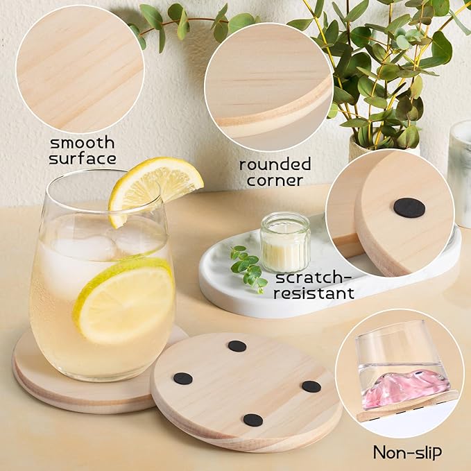 48 Pieces Unfinished Wood Coasters, GOH DODD 4 Inch Wooden Blanks with Non-Slip Pads for Laser Engraving Wood Burning Staining Painting Decoupage Housewarming Gifts Wedding Crafts Education, Round