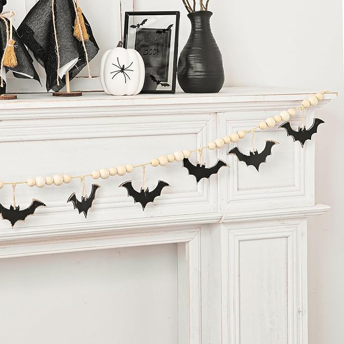 Halloween Garland, Farmhouse Wood Bats and Bead Garland for Halloween Decorations, Bat Banner for Wall Home Indoor Outdoor Black Halloween Decor Supplies