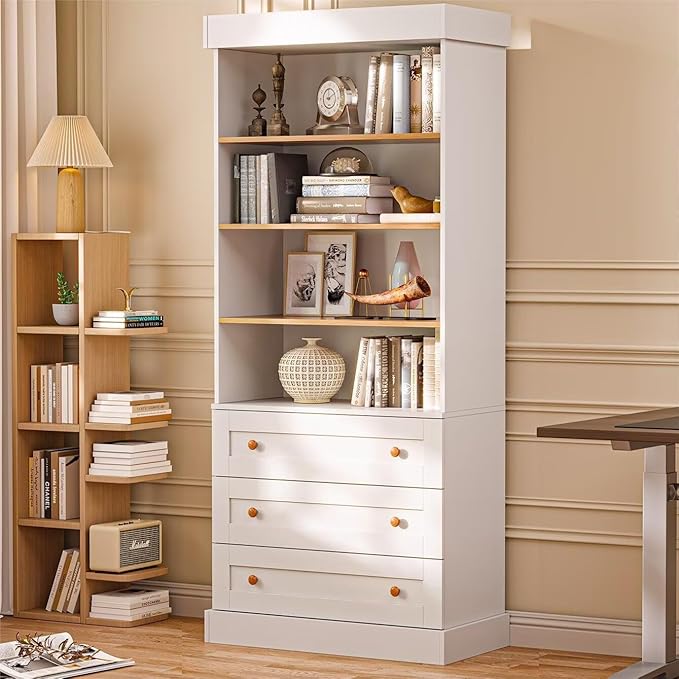 Vyre 71" Tall Farmhouse Bookshelves with Drawers, Large Modular Bookcase with Adjustable Shelves, Storage Cabinet for Living Room, Kitchen, Home Office, White