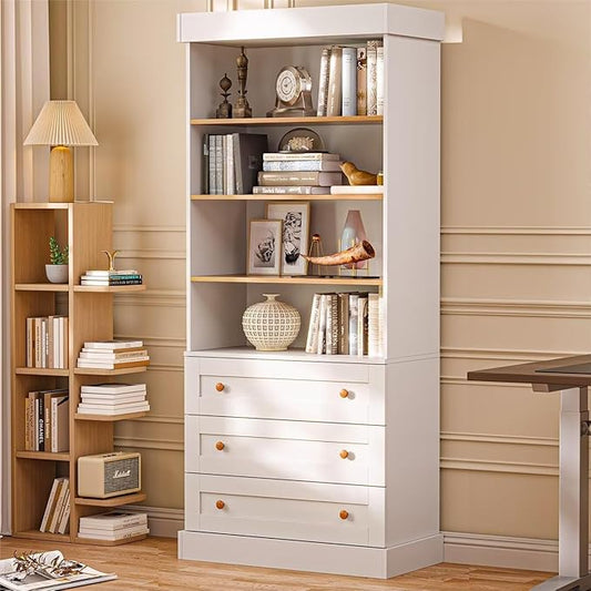 Vyre 71" Tall Farmhouse Bookshelves with Drawers, Large Modular Bookcase with Adjustable Shelves, Storage Cabinet for Living Room, Kitchen, Home Office, White