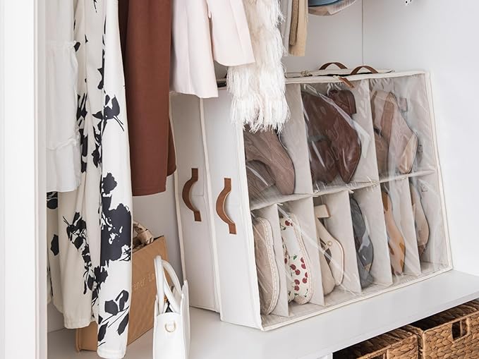 StorageWorks Shoe Organizer Under Bed for Closet, 2-Pack Ultra-thick Fabric Shoe Storage Containers with Bottom Support and Adjustable Dividers, Fits up to 24 Pairs, Beige