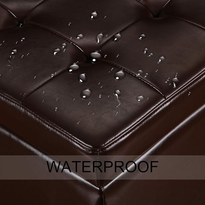 Adeco Bonded Leather Square Tufted Footstool, 18", Brown Storage Ottomans,